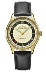 Zlaté pánské hodinky Delbana s koženým páskem Recordmaster Mechanical Black / Gold 40MM