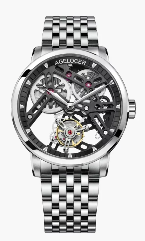 Men's silver Agelocer Watch with steel strap Tourbillon Series Silver / Black 40MM