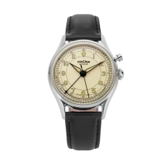 Men's silver Vulcain watch with leather strap Cricket Classique Black Pain Steel Case Back - Eggshell 39MM Automatic