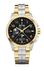 Męski srebrny zegarek Delma Watches ze stalowym paskiem Klondike Moonphase Silver Black / Gold 44MM Automatic