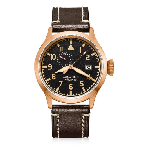 Miesten kultaa Aquatico Watches - kello nahkarannekkeella Big Pilot Black Automatic 43MM