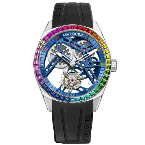 Herenhorloge in zilverkleur van Agelocer Watches met een rubberen band Tourbillon Rainbow Series Silver / Blue 42MM