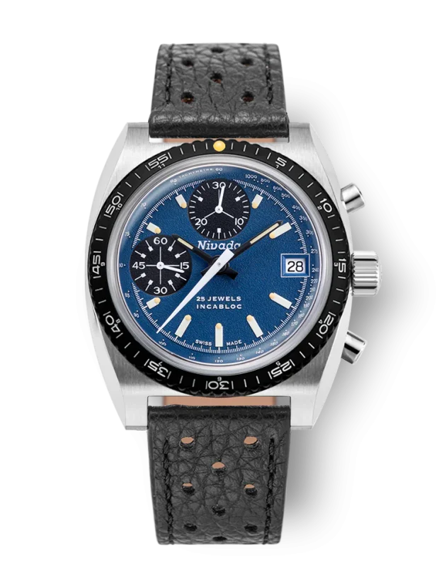 Men's silver Nivada Grenchen watch with leather strap CHRONOSPORT Blue 77003A10 38MM Automatic