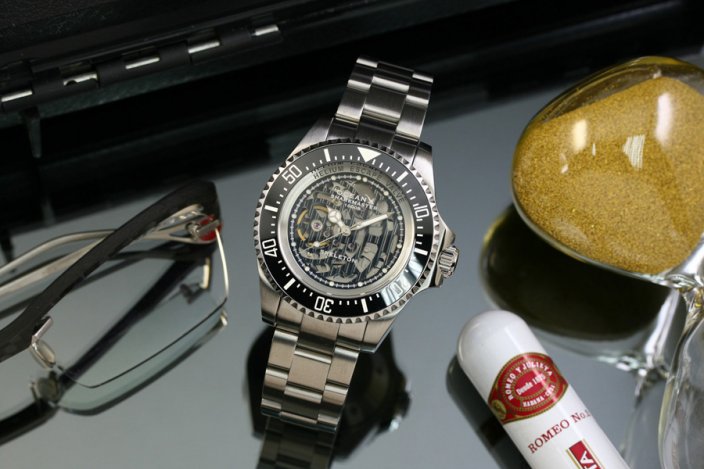 Relógio de homem Ocean X de prata com pulseira de aço SHARKMASTER 1000 Skeleton SMS1011S - Silver Automatic 44MM