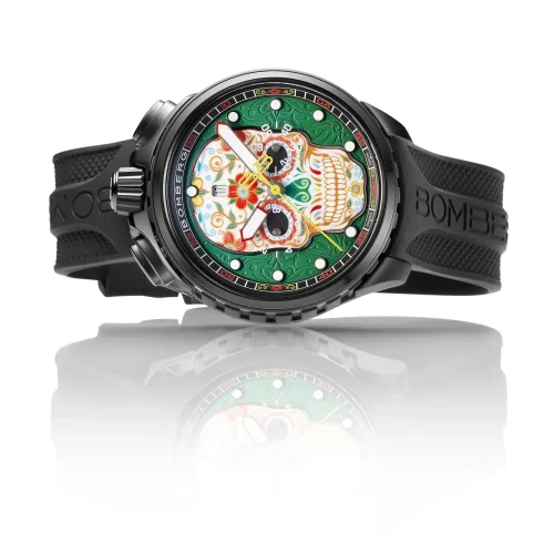 Čierne pánske hodinky Bomberg Watches s gumovým pásikom SUGAR SKULL GREEN 45MM
