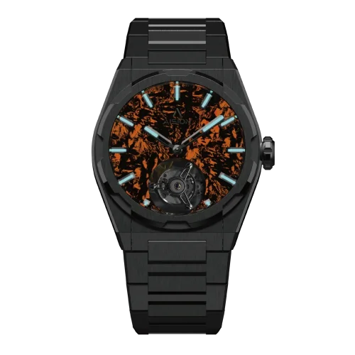 Czarny męski zegarek Aisiondesign Watches z pasem stalowym Tourbillon - Lumed Forged Carbon Fiber Dial - Orange 41MM