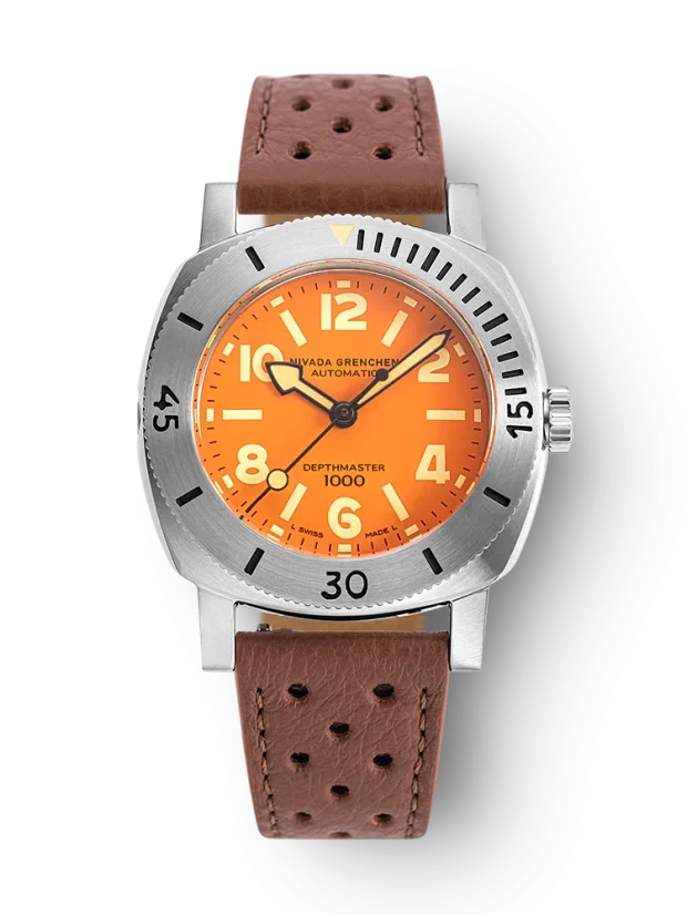 Men's silver Nivada Grenchen watch with leather strap Orange Depthmaster 14127A23 39MM Automatic