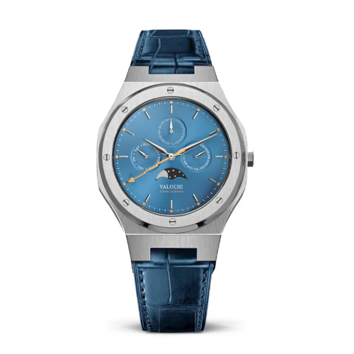 Men's silver Valuchi watch with leather strap Lunar Calendar - Silver Blue Leather 40MM