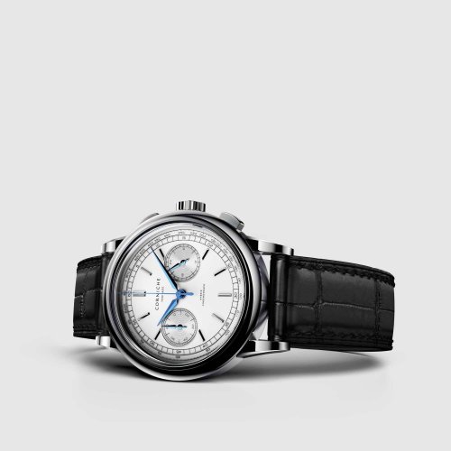 Relógio masculino Corniche prateado com pulseira de couro Chronograph Steel with White dial 39MM