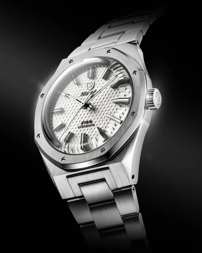 Men's silver Nivada Grenchen watch with steel strap 77 SST WHITE MK2 69014A77 With Date 38MM Automatic