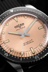 Men's silver Vulcain watch with rubber strap Skindiver Nautique - Salmon Beige Luminova - Rubber 44,5MM Automatic