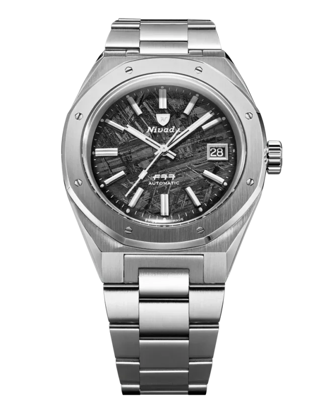 Men's silver Nivada Grenchen watch with steel strap F77 STAINLESS STEEL METEORITE 69041A77C With Date 41MM Automatic
