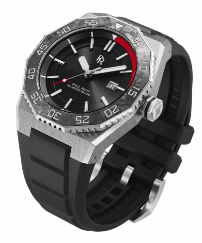 Zilverkleurig herenhorloge van Paul Rich met een rubberen band Aquacarbon Pro Midnight Silver - Sunray 43MM Automatic