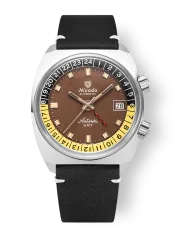 Men's silver Nivada Grenchen watch with leather strap Antarctic GMT - Tropical 32061A15 36MM Automatic