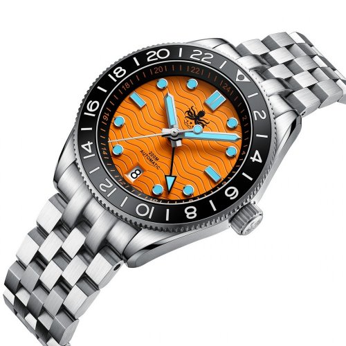 Herrenuhr aus Silber Phoibos Watches mit Stahlband GMT Wave Master 200M - PY049G Orange Automatic 40MM
