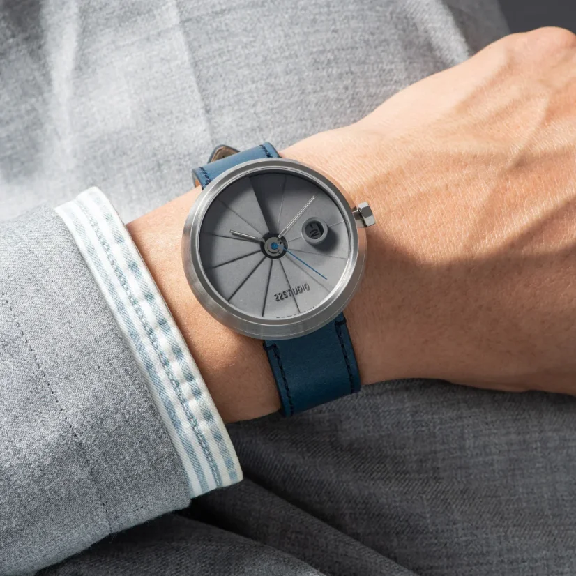 Men's silver 22Designstudio Watches watch with leather strap 4D Concrete Harbour Edition 44MM