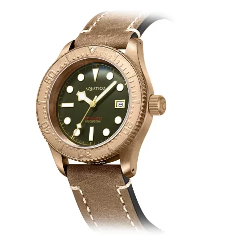 Goudkleurig herenhorloge Aquatico Watches met leren band Bronze Sea Star Green Bronze Bezel Automatic 42MM