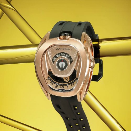 Zlaté pánske hodinky Tsar Bomba Watch s gumovým pásikom TB8213 - Gold / Black Automatic 44MM