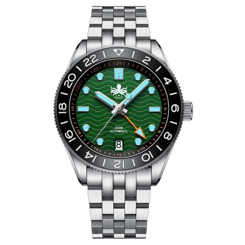 Men's silver Phoibos watch with steel strap GMT Wave Master 200M - PY049A Green Automatic 40MM