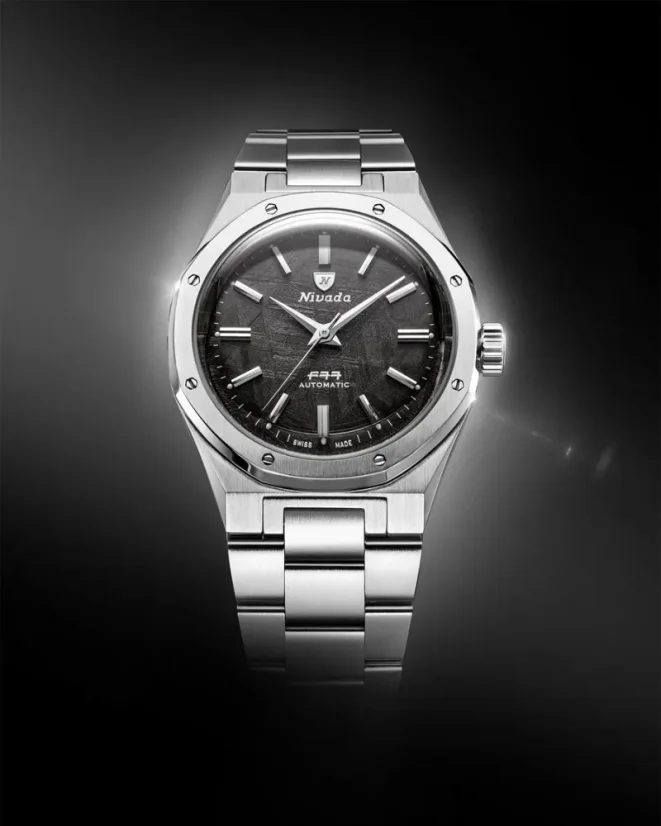 Men's silver Nivada Grenchen watch with steel strap F77 SST METEORITE MK2 68049A77 No Date 38MM Automatic