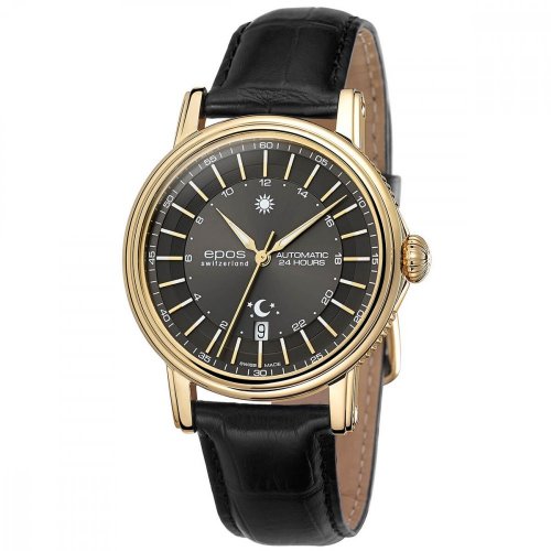 Zlaté pánske hodinky Epos s koženým opaskom Emotion 24H 3390.302.22.14.25 41MM Automatic