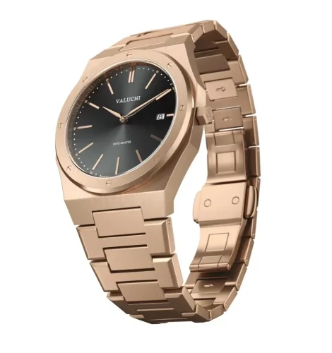 Złoty męski zegarek Valuchi Watches ze stalowym paskiem Date Master - Rose Gold Black 40MM