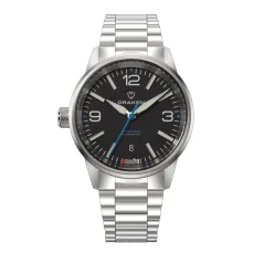 Men's silver Draken watch with steel strap Peregrine ‘Version A’ Black 42MM Automatic