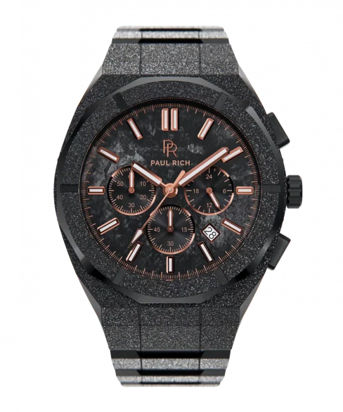 Schwarze Herrenuhr Paul Rich mit Stahlband Frosted Motorsport - Black / Copper 45MM Limited edition