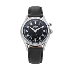Men's silver Vulcain watch with leather strap Cricket Classique Black Plain Steel Case Back - Black & White/Blue 39MM Automatic