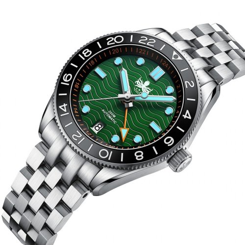 Miesten hopeinen Phoibos Watches -kello teräshihnalla GMT Wave Master 200M - PY049A Green Automatic 40MM