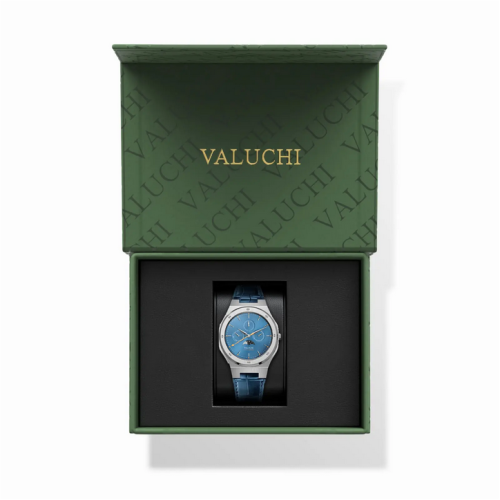 Srebrny zegarek męski Valuchi Watches ze skórzanym paskiem Lunar Calendar - Silver Blue Leather 40MM