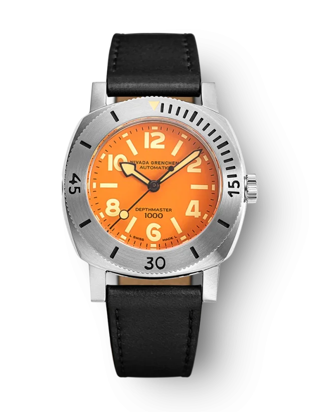 Men's silver Nivada Grenchen watch with leather strap Orange Depthmaster 14127A17 39MM Automatic