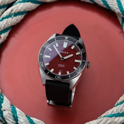 Męski srebrny zegarek Circula Watches z gumowym paskiem AquaSport II - Red 40MM Automatic