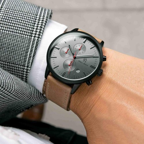 Relógio Paul Rich masculino em preto com pulseira de couro genuíno Viper - Leather