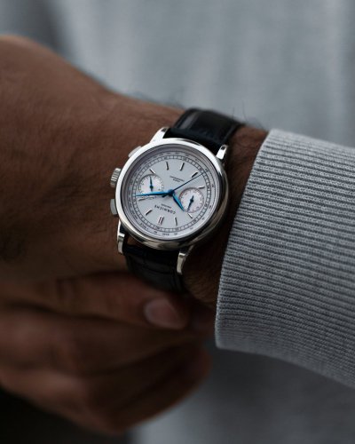 Zilveren heren Corniche horloge met leren band Chronograph Steel with White dial 39MM