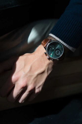 Stříbrné pánské hodinky About Vintage s páskem z pravé kůže Chronograph Green Sunray  1815 41MM