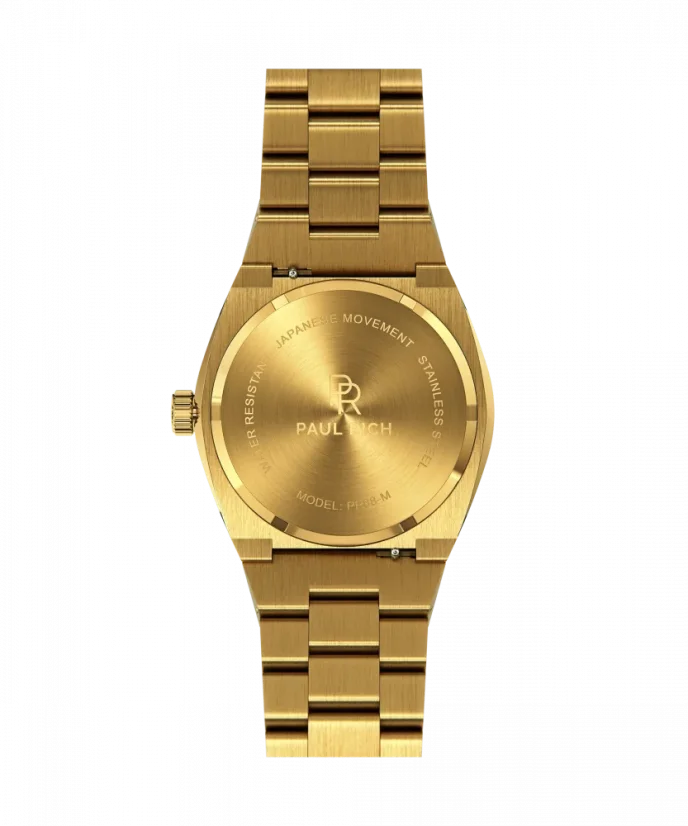 Złoty zegarek męski Paul Rich ze stalowym paskiem Frosted Star Dust - Gold Red 42MM