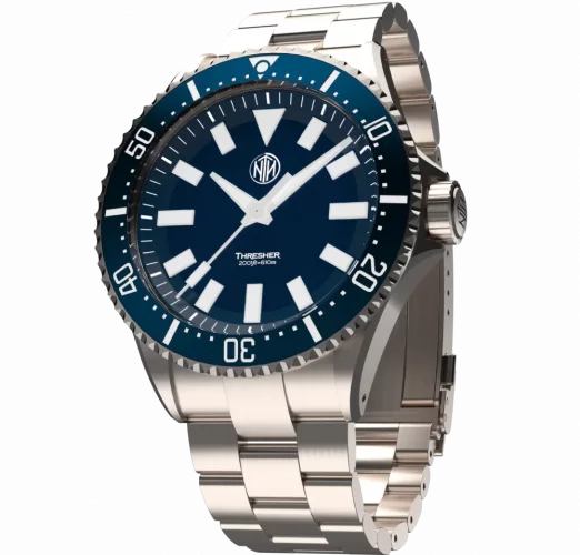 Męski srebrny zegarek NTH Watches ze stalowym paskiem 2K1 Subs Thresher No Date - Blue Automatic 43,7MM