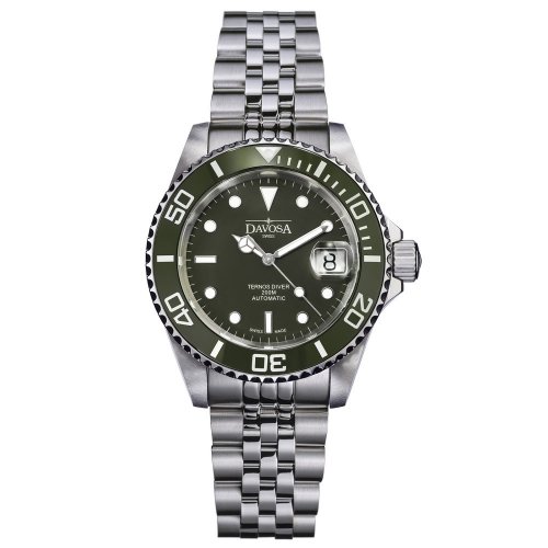 Men's silver Davosa watch with steel strap Ternos Ceramic - Silver/Green 40MM Automatic