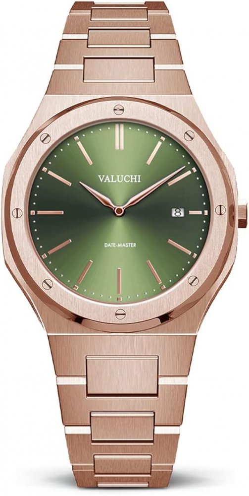 Men's gold Valuchi watch with steel strap Date Master - Rose Gold Green 40MM