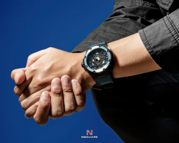 Men's black Nsquare Watch with rubber strap FIVE ELEMENTS Black / Blue 46MM Automatic