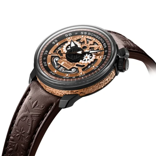 Černé pánské hodinky Bomberg s koženým páskem BB-01 AUTOMATIC MARIACHI SKULL 43MM Automatic