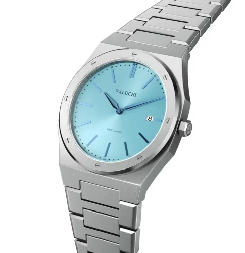 Męski srebrny zegarek Valuchi Watches ze stalowym paskiem Date Master - Silver Ice Blue 40MM