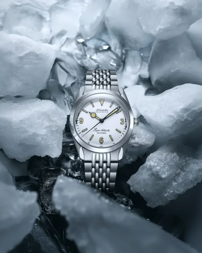 Stříbrné pánské hodinky Nivada Grenchen s ocelovým páskem Super Antarctic White 3.6.9 Cream 32066A04 38MM Automatic