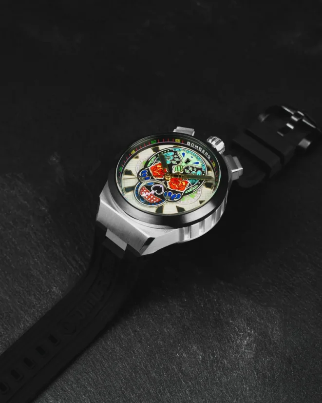 Men's silver Bomberg Watch with rubber strap CHRONO SKULL THROWBACK EDITION - COLORIDO 44MM Automatic