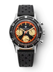 Men's silver Nivada Grenchen watch with leather strap Chronoking Paul Newman Orange Black Racing Leather 87034Q10 38MM