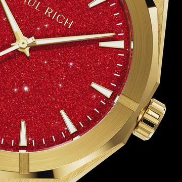 Zlaté pánske hodinky Paul Rich s oceľovým pásikom Star Dust II - Gold / Red 43MM