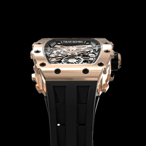 Orologio da uomo in oro Tsar Bomba Watch con un braccialetto di gomma TB8208A - Gold / Black Automatic 43,5MM