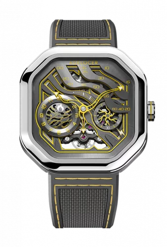 Montre Agelocer Watches pour homme de couleur argent avec bracelet en caoutchouc Volcano Series Silver / Yellow 44.5MM Automatic