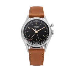 Srebrny zegarek męski Vulcain ze skórzanym paskiem Cricket Tradition Brown Plain Steel Case Back - Black & Gold 39MM Automatic